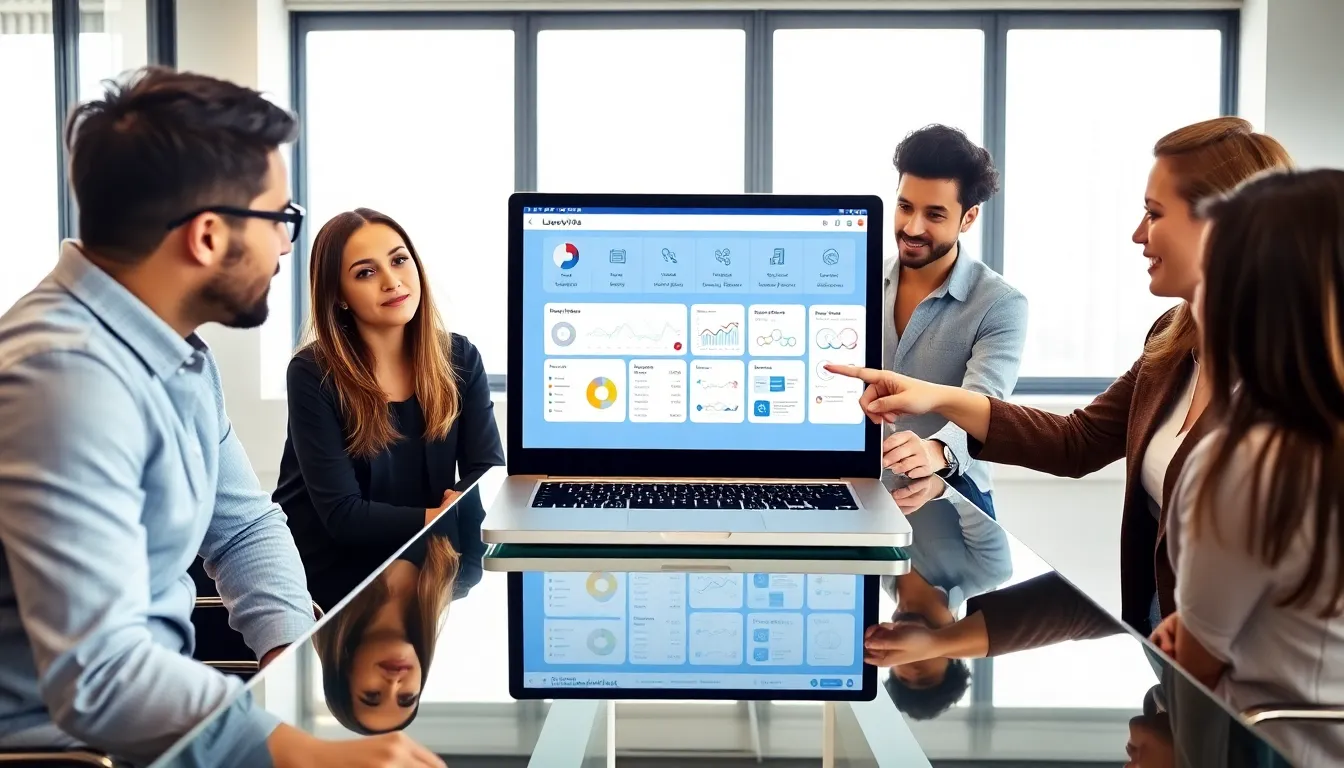 diverse professionals collaborating around a laptop showcasing LarovviraF153.